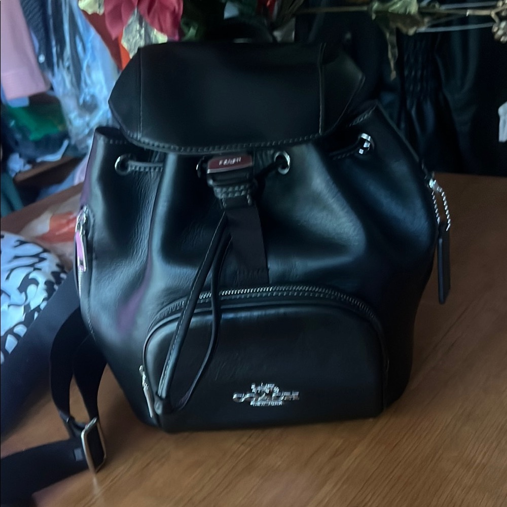 Coach Black Leather Drawstring Backpack